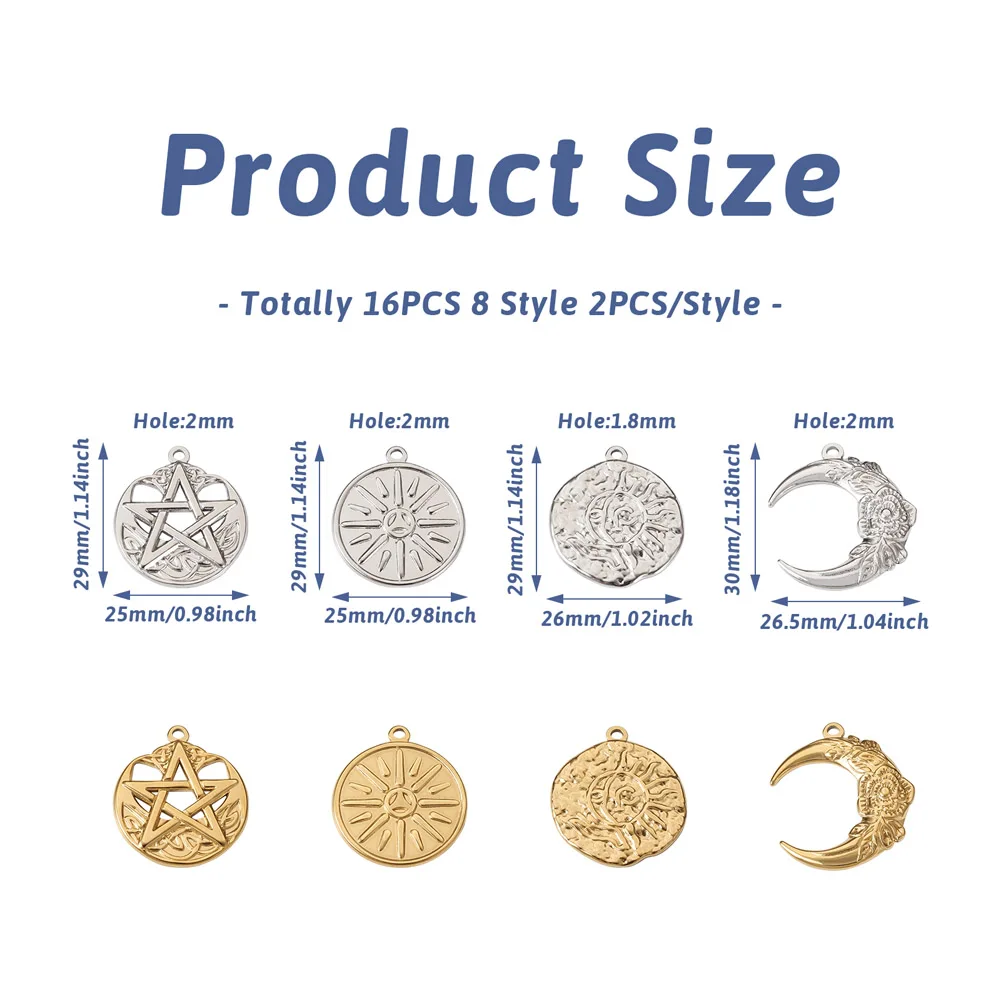 16Pcs 304 Stainless Steel Sun Moon Star Pendant 2 Colors Charms for Necklace Bracelet Earrings DIY Jewelry Handcrafted Making