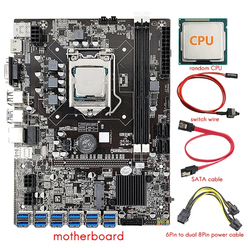 

12 GPU B75 Mining Motherboard+CPU+Power Cable+Switch Cable+SATA Cable 12X USB3.0 To PCIE Slot LGA1155 DDR3 RAM SATA3.0