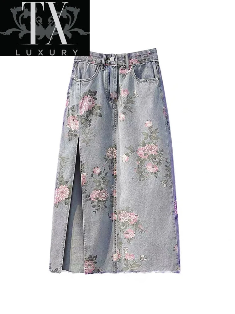 

Denim Women 2022 Summer Chic High Waist Floral Print Long Skirt Harajuku Sexy Bodycon Side Split Vintage Party Jupe Ladies