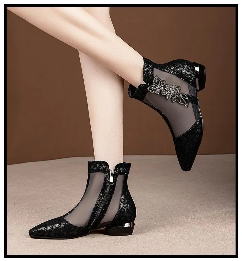 2023 Casual Sandals New Summer Sandals Pointed High Heels Women Shoes Black Lace Ankle Flower Rhinestones Zipper Flowers Fashion