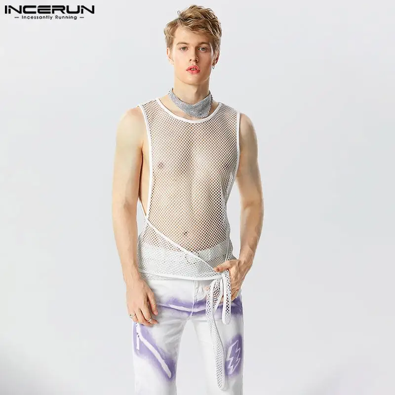 

Party Nightclubs Style Tops INCERUN Men Fashion Flash See-through Mesh Vests Casual Sexy Cross Strap Sleeveless Thin Vests S-5XL