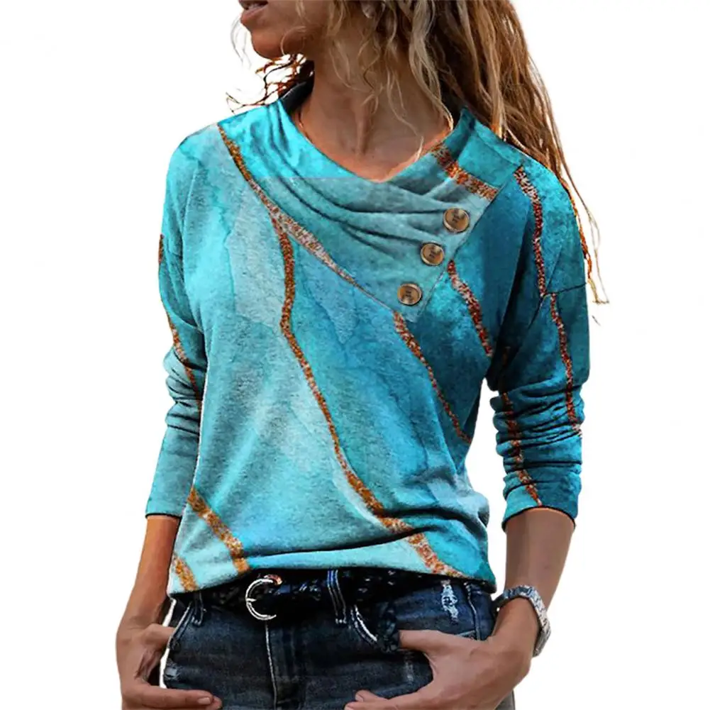

Популярная женская футболка с моющимися пуговицами, Элегантная модная футболка с принтом и V-образным вырезом, пуловер, топ, уличная одежда