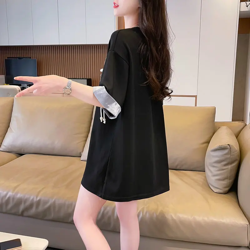 #0662 черно-белая винтажная длинная футболка Женская свободная хлопковая с