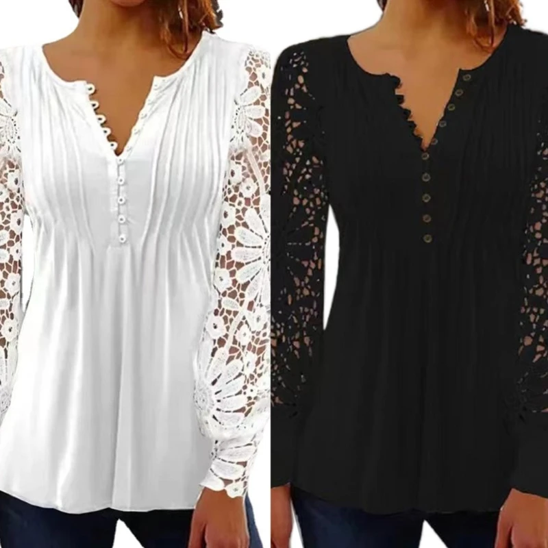 

Womens Fall Crochet Lace Splicing Puff Long Sleeve Tunic Top Solid Color Button Front V-Neck Pleated T-Shirts Blouses