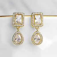 new classic luxury geometric square zircon dangle earrings for women shiny silver color earring wedding party jewelry gifts