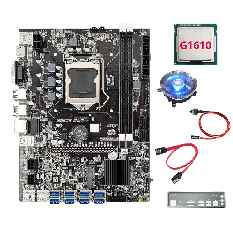 AU42 -B75 8USB ETH Mining Motherboard+G1610 CPU+Fan+Switch Cable+SATA Cable+Baffle LGA1155 DDR3 B75 BTC Miner Motherboard