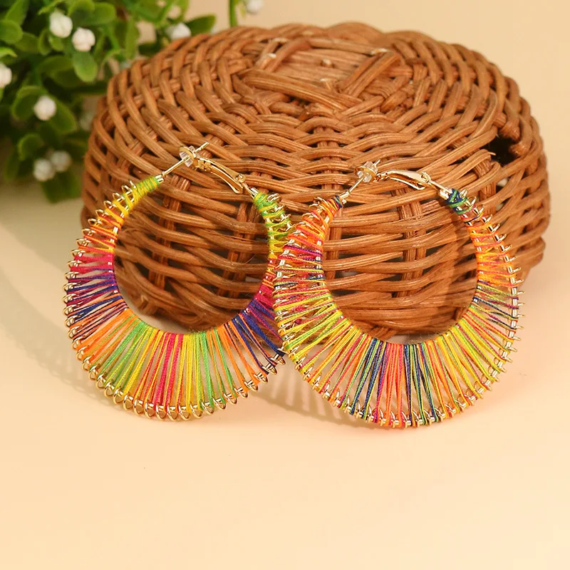 

2023 New Bohemian Rainbow Hand-wound Braided Tassel Retro Exaggerated European and American Earrings Wholesale