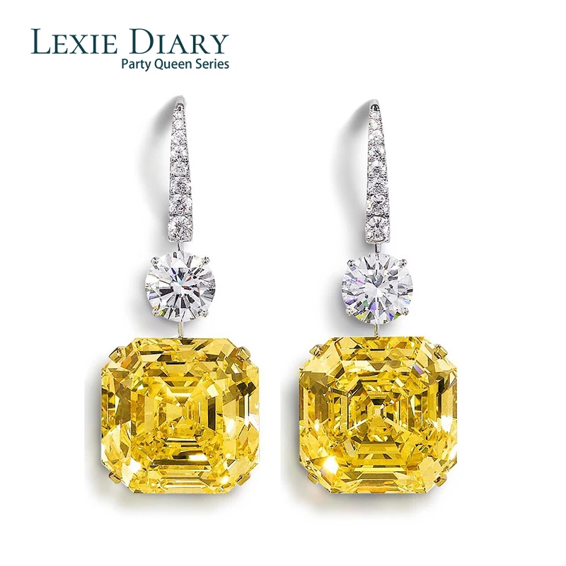 

Lexie DiaryLuxury Real 925 Sterling Silver Asscher Cut Yellow Citrine Created Moissanite Gemstone Dangle Drop Earrings For Women