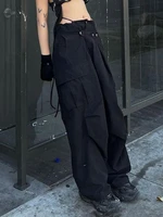 black cargo pants harajuku women streetwear buttons harem pants punk pocket wide leg capris korean fashion sweatpants