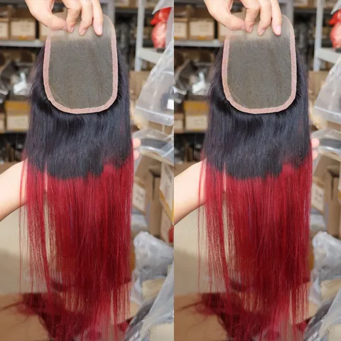 Ombre Color 1B Burg Red 4x4 5x5 13x4 13x6 Кружевная застежка Фронтальная часть человеческих волос Индийская прозрачная фронтальная застежка для черного цвета