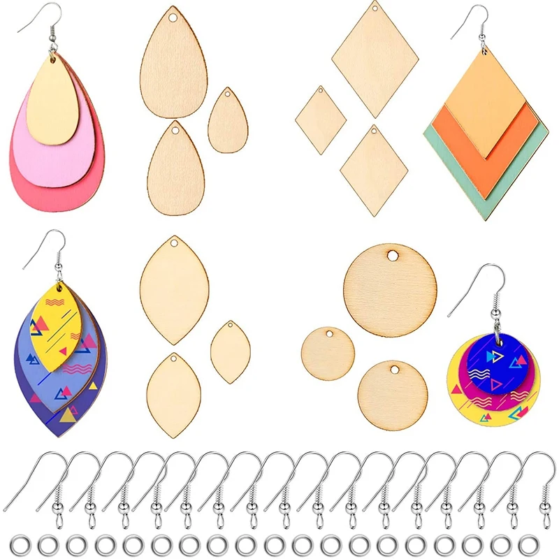 

120 Piece Blanks Wooden Wood Pendants With 60 Pieces Earring Hooks And 60 Pieces Jump Rings For Jewelry DIY Craft Making
