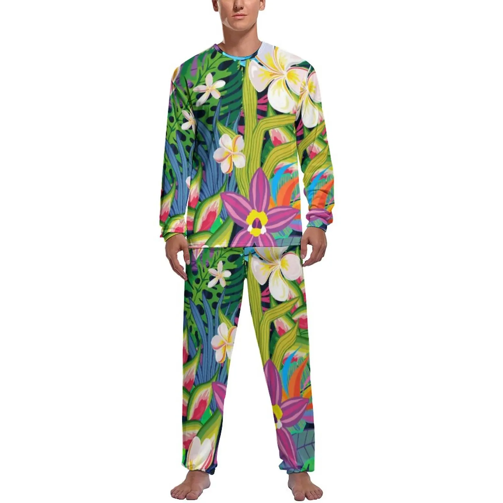 Colorful Tropical Floral Pajamas Male Bright Flower Print Soft Home Suit Spring Long Sleeve Two Piece Casual Graphic Pajama Sets