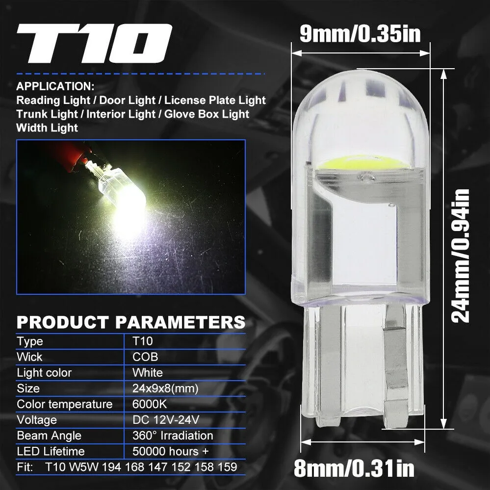 

Лампы светодиодные PMMA COB T10 W5W 168, 20 шт., 24x9x8 мм