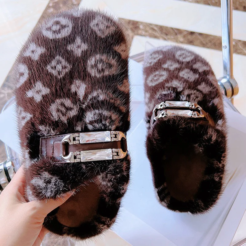 

New European Station Mink Luxury Slippers Ladies 100% Winter High Quality Mink Hair Fashion Indoor Soft Sole Home Slippers 2023