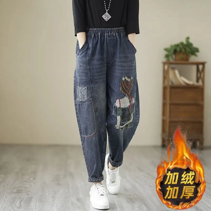 Женские джинсы с вышивкой утепленные ковбойские брюки в стиле ретро