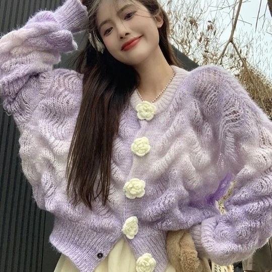 

Женский вязаный кардиган, фиолетовый свитер с градиентом в японском стиле, дамский жилет, женские джемперы, кардиган, куртка, весенние ткане...