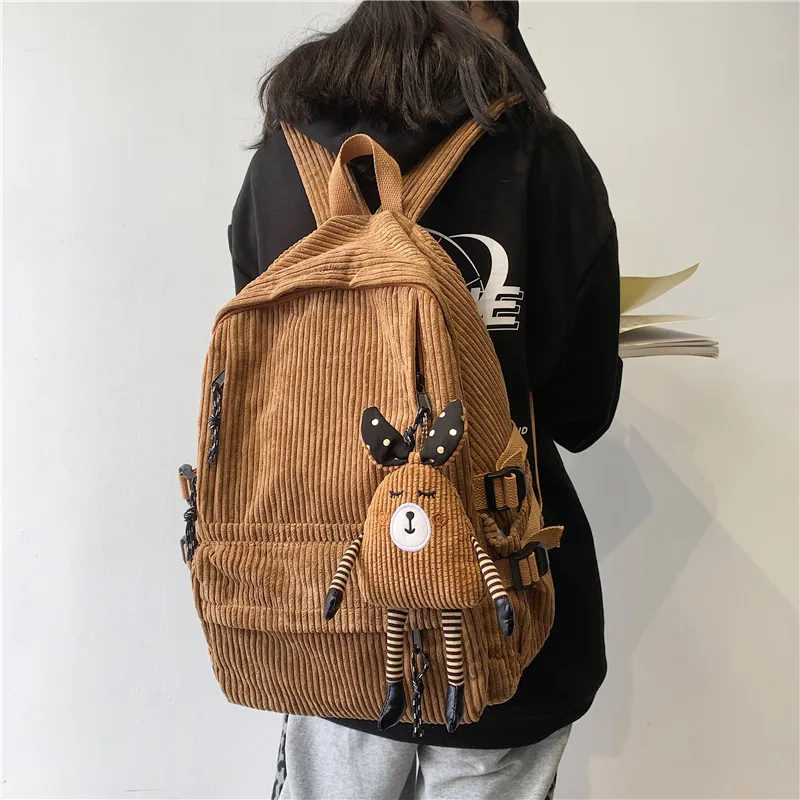 

Vintage Girl College School Bag Casual New Simple Women Backpack Pure Book Packbags for Teenage Velvet Corduroy Rucksack Khaki