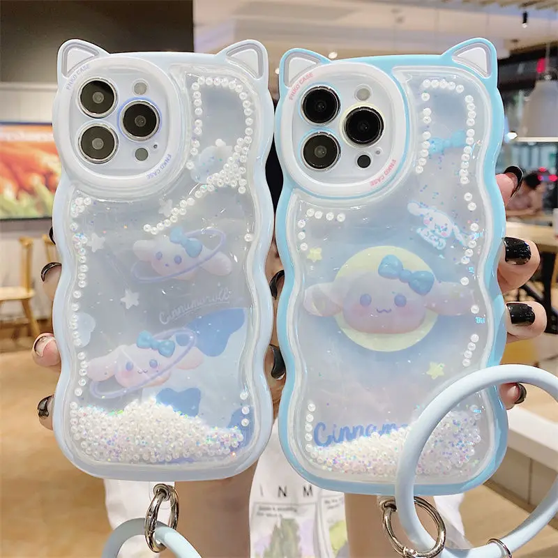

3D Cat Ear Sanrio cinnamoroll Phone Case For Iphone 11 12 13 Pro Max X Xs Xr Pearl Quicksand Transparent Cover