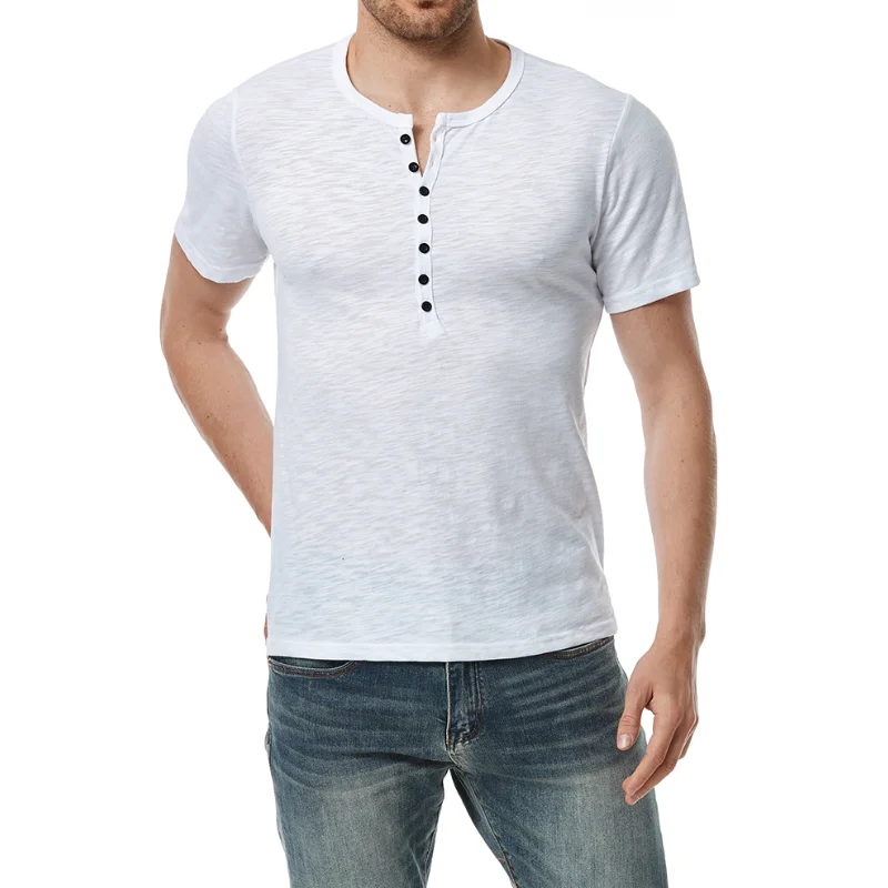 

5 Colors!2023 New Men's T-shirt Henry Neck Casual Fashion Basic Short Sleeve Cotton Lightweight T-shirts Outdoor Tops
