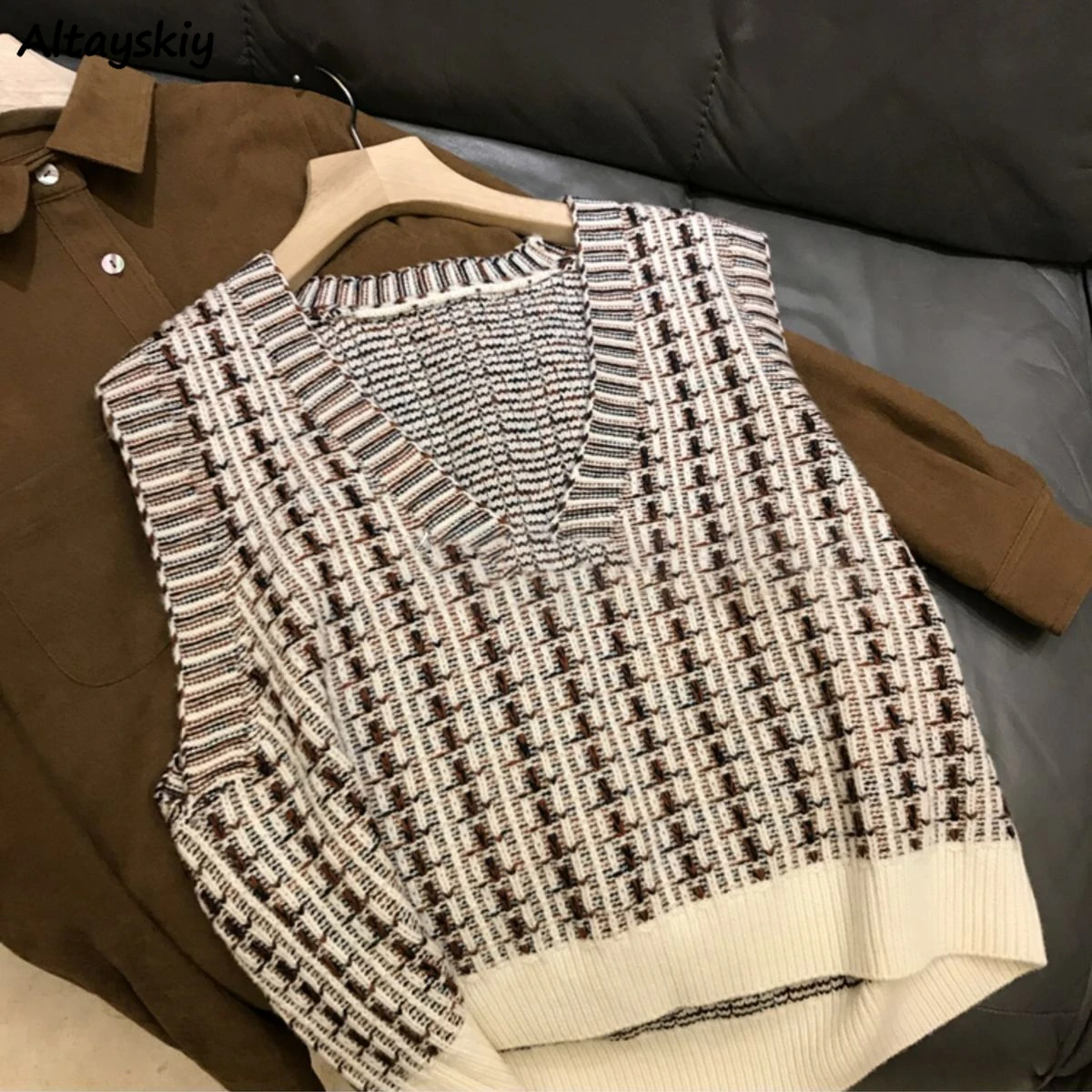 

Женский вязаный свитер, свободный джемпер в стиле ретро без рукавов, универсальный свитер с V-образным вырезом в японском стиле