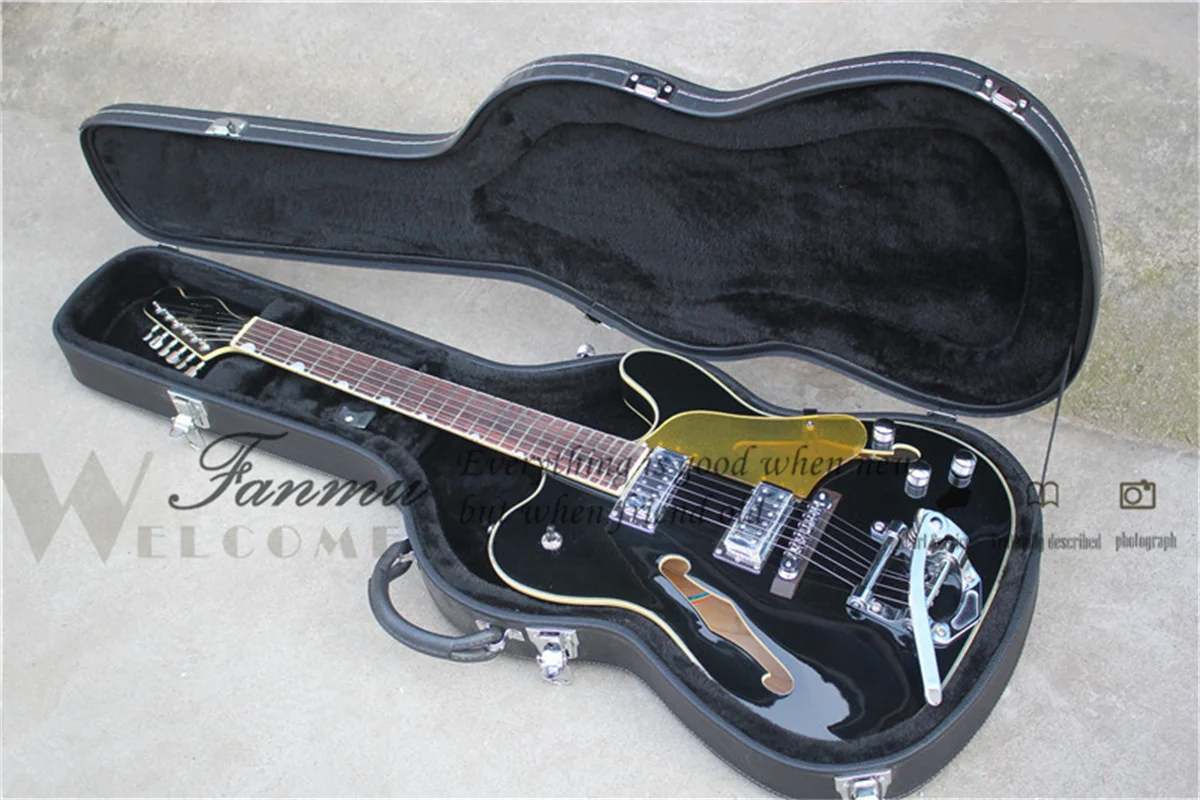 

Black Electric Guitar Tel Guitar Semi Hollow Maple Body Small Tremolo Bridge Rosewood Fingerboard Gold Pickguard