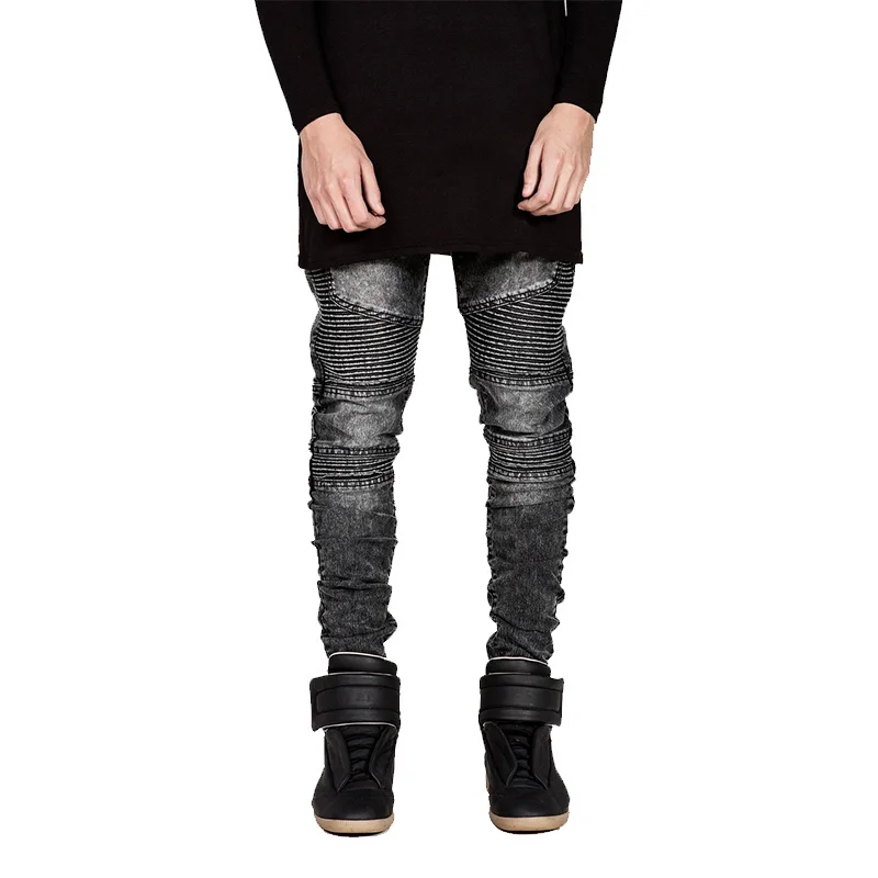 Motorcycle Pants Pleated Slim Pencil Pants Men Jeans Solid Color Skinny Jeans Men Streetwear Full Length Casual Trousers