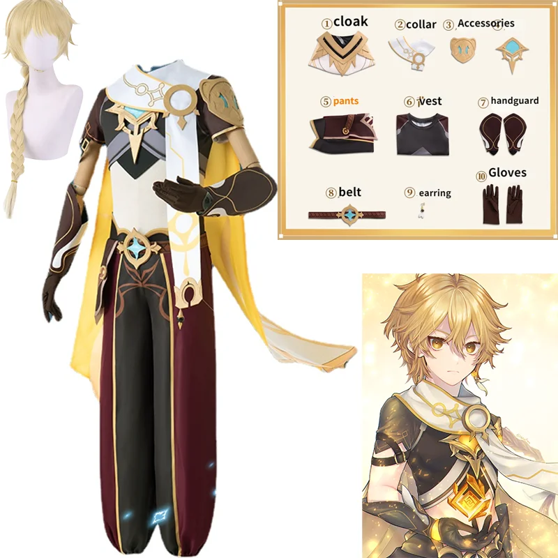 

Game Genshin Impact Cosplay Traveler Aether Costume Sora Kong Cosplay Anime Halloween Party Full Sets Outfit Wig Shoes Women Men