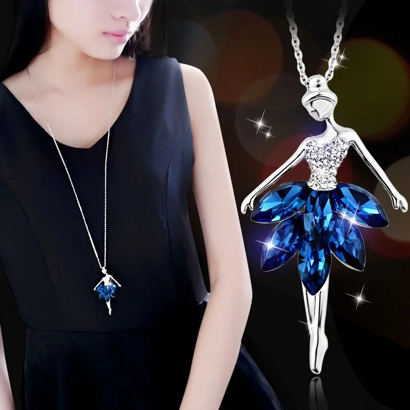 

SINLEERY Charm Blue Cubic Zircon Skirt Dancing Angel Girl Pendant Long Necklace For Women Silver Color Chain ZD1 SSG