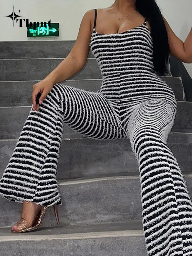 

Ladies Striped Knitted Backless Stacked Jumpsuit Women Strap Flare One-pieces 2023 Spring Fashion High Waist Streetwear