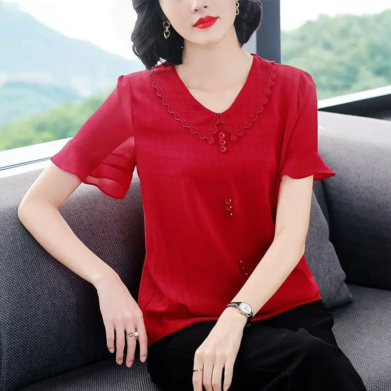 

Elegant Ruffles Folds Embroidery Lattice Blouse Women's Clothing 2023 Spring New Casual Pullovers Office Lady Chiffon Shirt