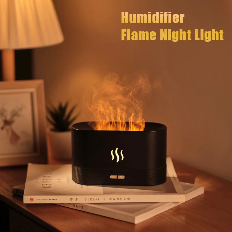 Simulation Flame Night Light USB Ultrasonic Humidifier with 180ML Water Tank Suitable for Bedroom Office Atmosphere Desk Lamp