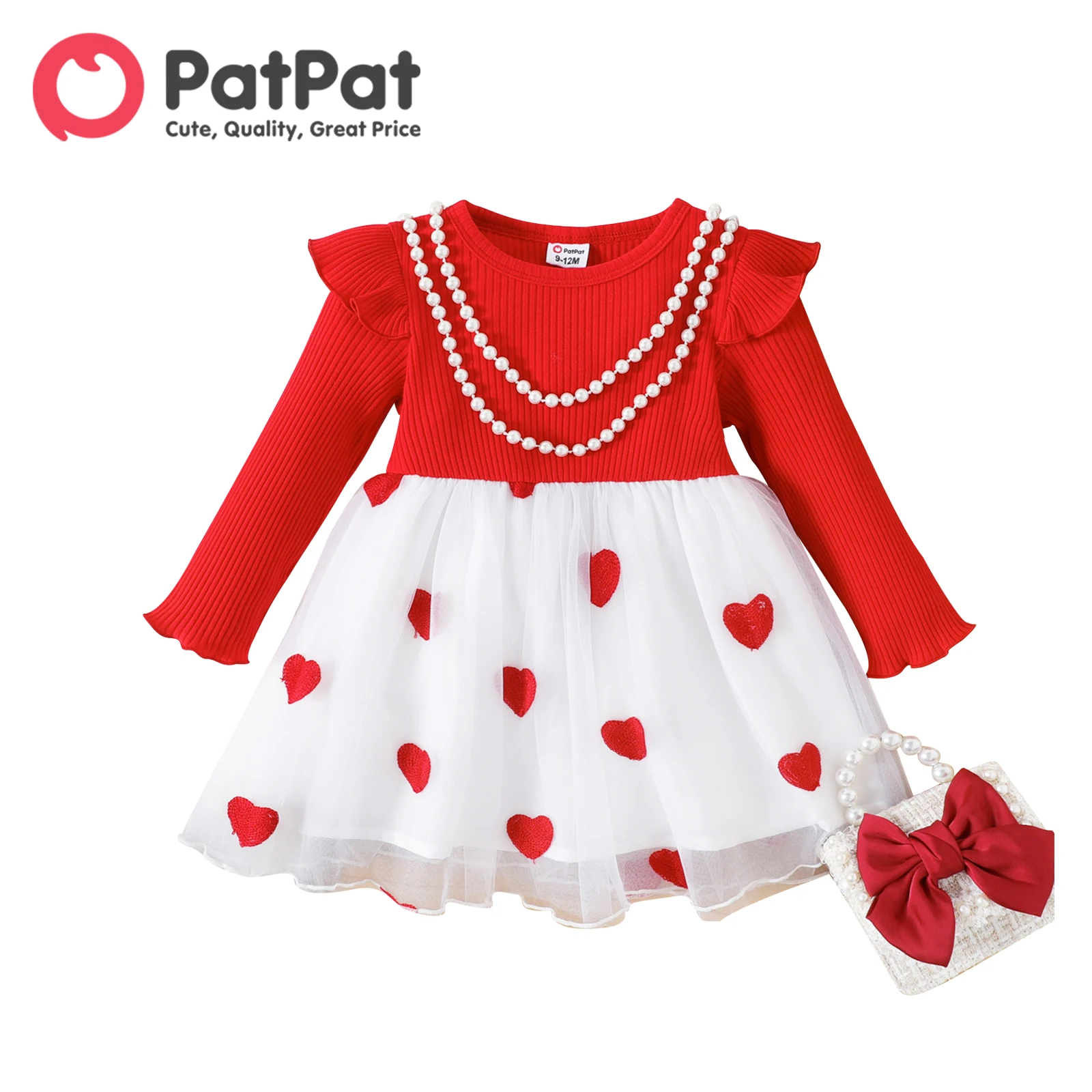 

PatPat Party Dress Newborn Baby Girl Clothes New Born Kids Solid Rib Knit Long-sleeve Spliced Heart Embroidered Mesh Dresses