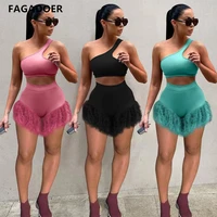 fagadoer fashion irregular skew collar top and skinny short feather two piece sets solid tracksuits sexy hollow out 2pcs outfits