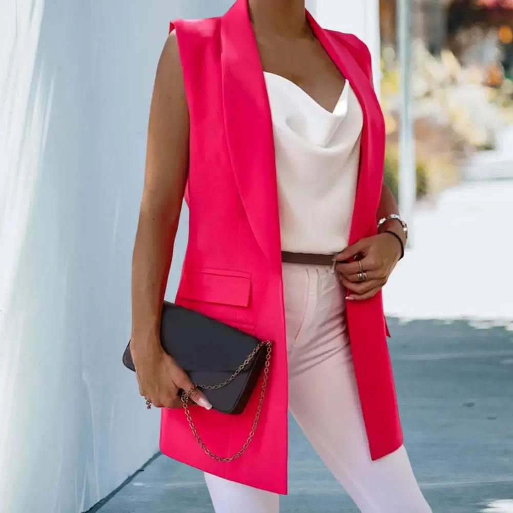 Women Blazer Vest Sleeveless Single Button Flap Pockets Mid-Length Fashion Solid Color Lapel Office Suit Waistcoat Workwear