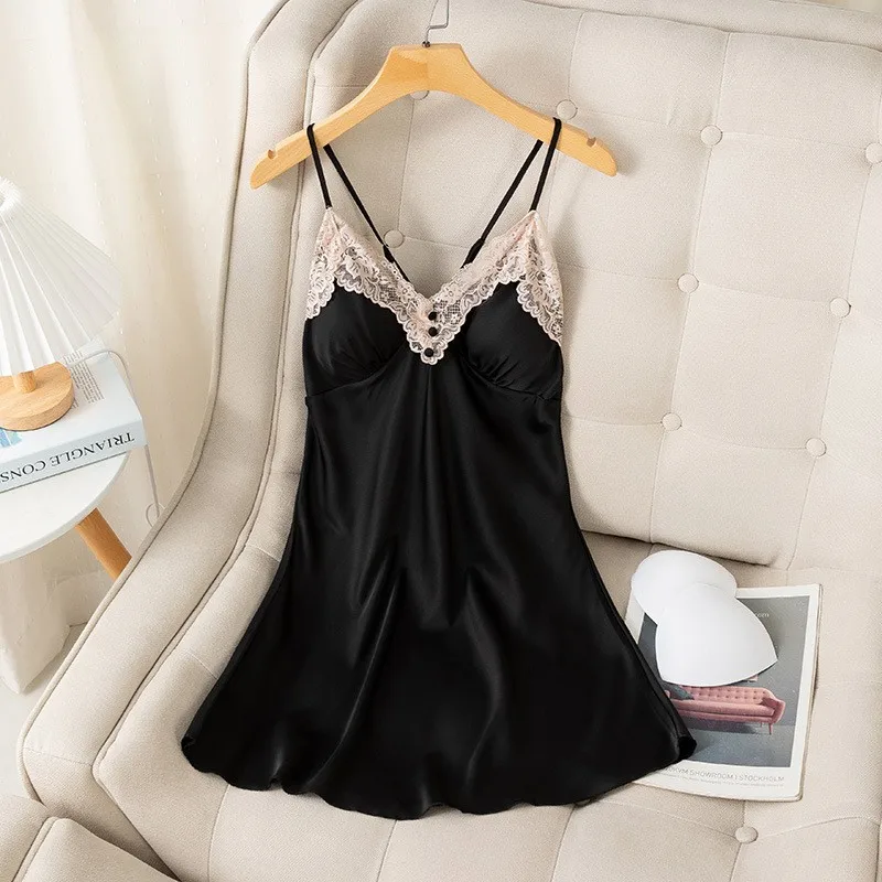 

Sexy Strap Nightgown women Sleepwear Nighty Gown Summer Female Lace Mini Nightdress Silky Satin Robe Home Wear Loungewear
