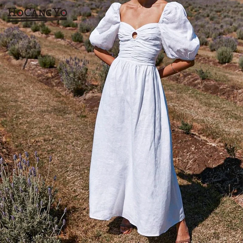 

Fashion Women Summer White Midi Dress Vintage Square Collar Puff Sleeve Pleated Party Dress Female Casual Dresses Vestidos