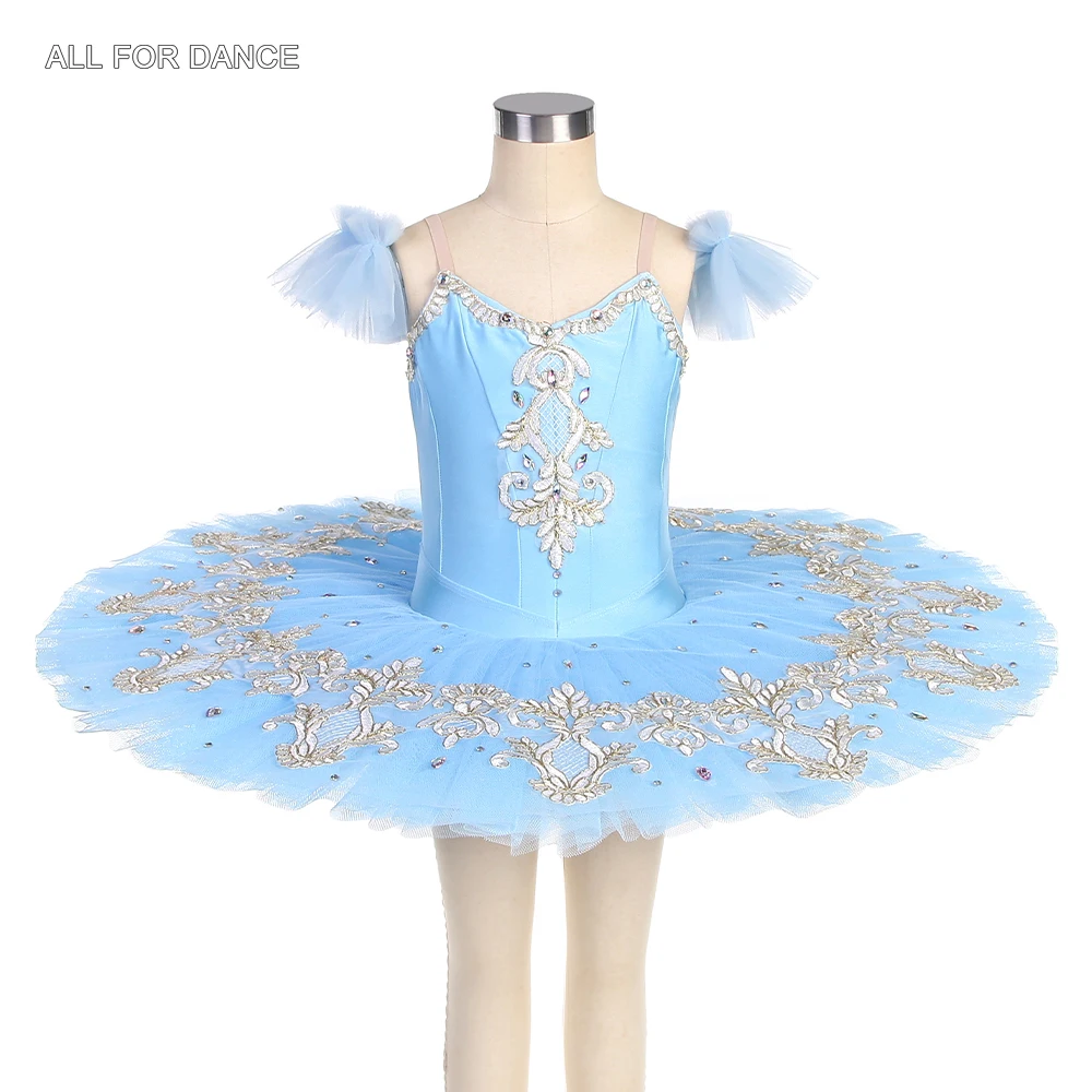 

BLL531 Sky Blue Spandex Pre-Professional Pancake Tutu with Gold Sequin Trims for Women & Girls Performance Tutu