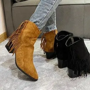 Chelsea Boots Ankle Fringe Chunky Heels Western Cowboy Style Shoes Short Elegant Woman Heeled Gothic Plus Size Women's Clothing