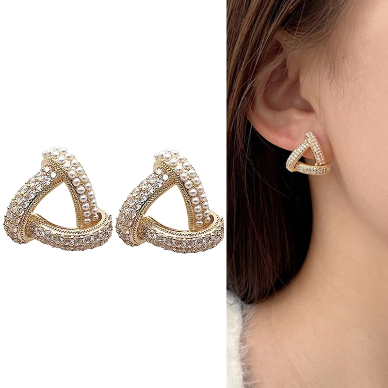 

vintage korean fashion crystal pearl stud earring for women girls elegant aesthetic triangle earring 2022 simple trendy jewelry
