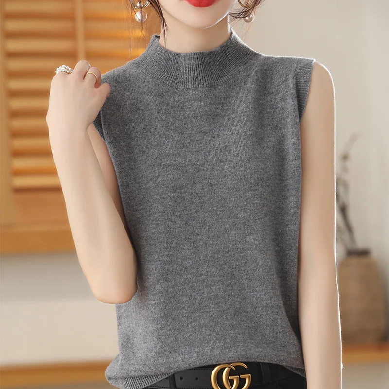 

2022 Women's Semi High Collar Sleeveless Sweater Autumn Winter New Style Solid Color Fashion Loose Matching Knitting Waistcoat