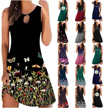 Robe de plage rétro sans manches pour femmes, col rond, bouton, sexy, motif floral, décontracté, été, 22  (2)