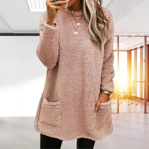 Women Blouse Trendy Comfortable Long Sleeves Women Solid Color Loose Plush Pullover Top for Work  Pullover Top  Winter Blouse