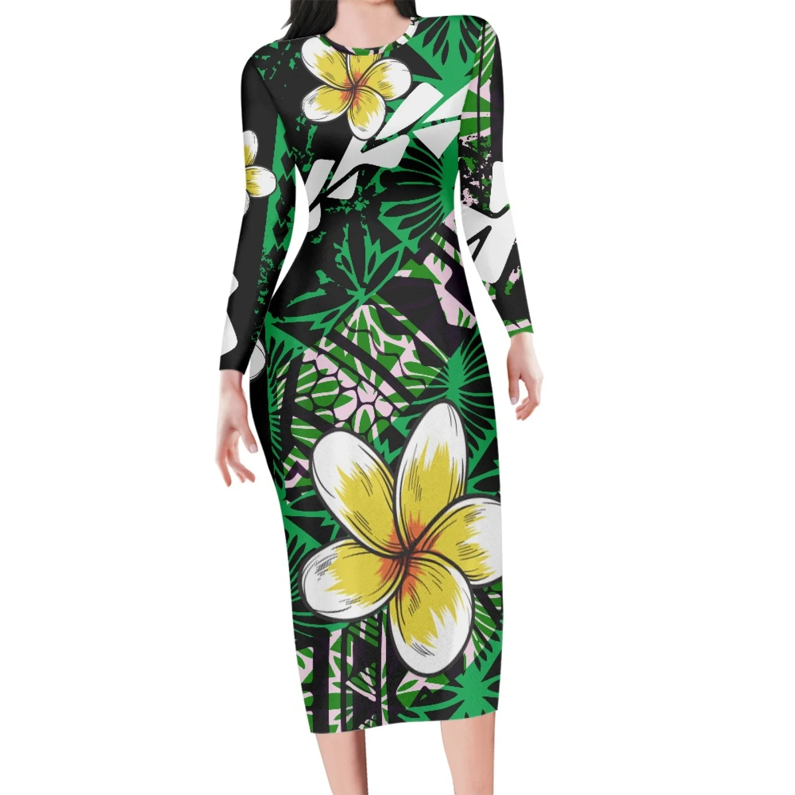 

Polynesian Tribal Tongan Totem Tattoo Tonga Hibiscus Prints Woman Long Sleeve Evening Dress Royal Bodycon Dress Birthday Party
