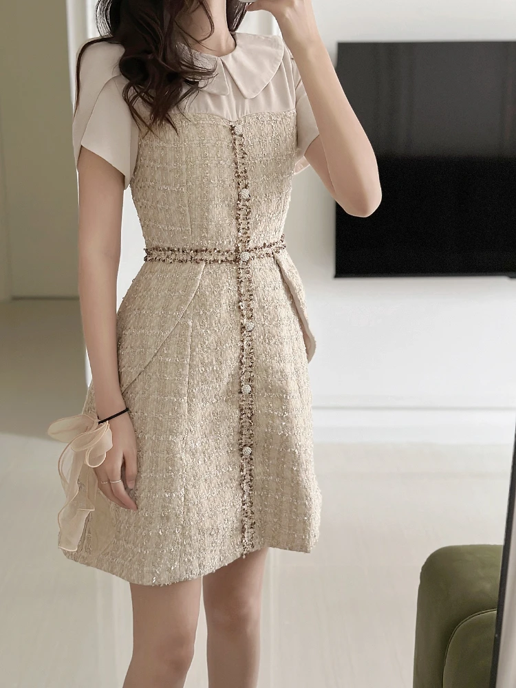 

Tweed Women Vintage Midi Dress 2023 Autumn/Winter New in Apricot and Gold Color Peter Pan Collar One Piece Elegant Dress