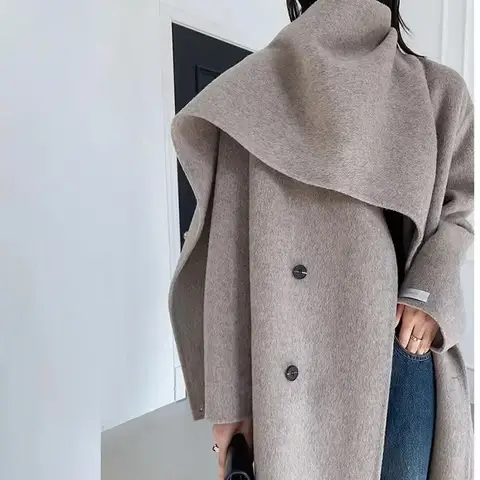 Женское шерстяное пальто ручной работы, двубортное однотонное Свободное пальто из 2023-ной шерсти с воротником-шарфом на шнуровке, Осень-Зима 100%