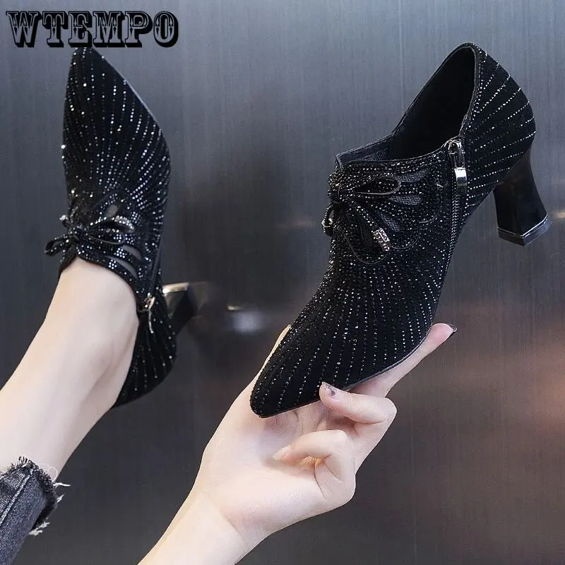 WTEMPO Women 6.5cm High Heels Sandals Crystal Bowknot Sexy Glitter Rhinestones Shoes Slip on Pumps Wholesale Dropshipping