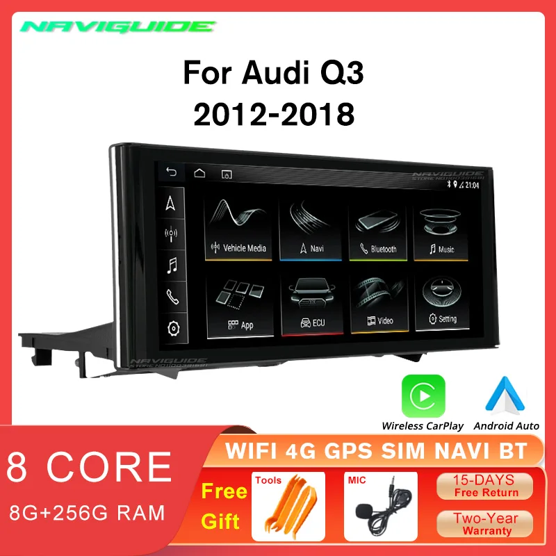 

NAVIGUIDE 10.25'' Wireless Apple Carplay Car Multimedia Player For Audi Q3 2012-2018 Touch Display Screen Car Radio GPS Navi BT