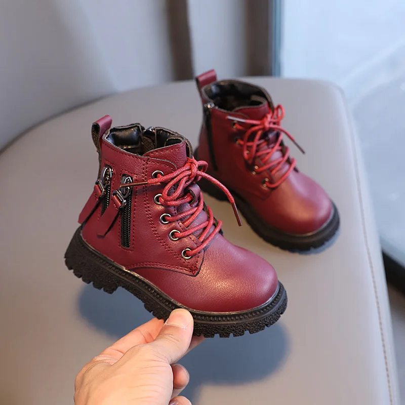Child Ankle Boots PU Winter Leather Shoes Toddler Girl Boots Double Zip Platform Girls Sneakers Red Fashion Booties Casual Shoes