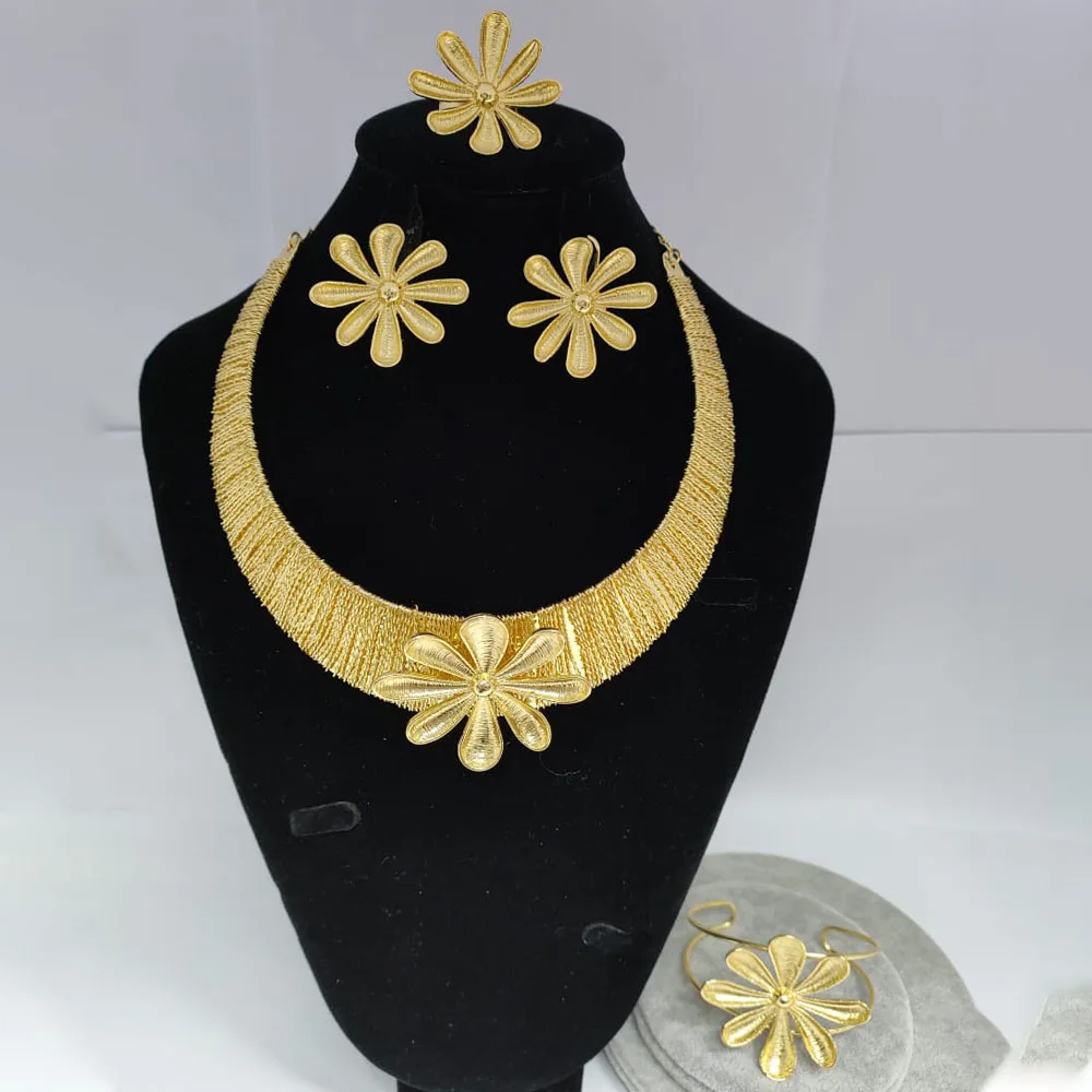 

Роскошное женское ожерелье, серьги, браслет, кольцо невесты из меди с покрытием из 18-каратного золота, модный подарок для свадебной вечеринк...