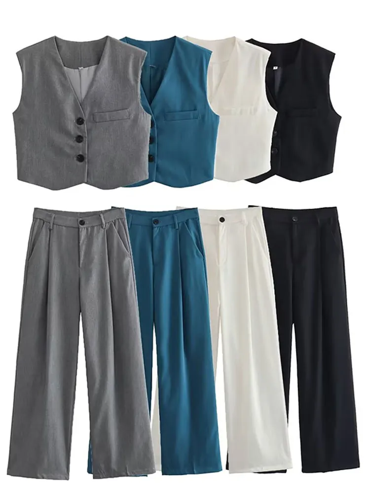 

Fashion Solid Pleated Pants Set For Women Chic Casual V-neck Single Breasted Vest Top Set 2023 Summer Female Elegant Streetwear